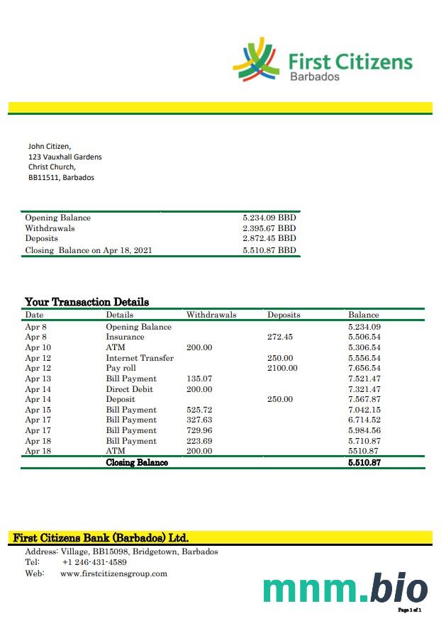 Barbados first citizens Bank statement xls
